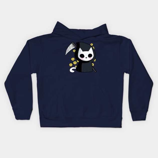 Grim reaper cat with flowers Kids Hoodie by Mayarart